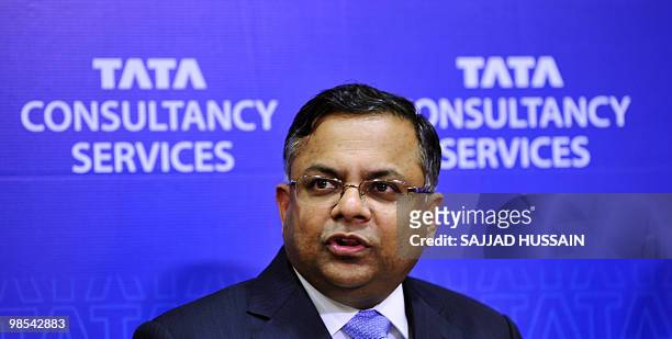 Tata Consultancy Services CEO and MD N. Chandrasekaran announces the company's fourth quarter results at a press conference in Mumbai on April 19,...