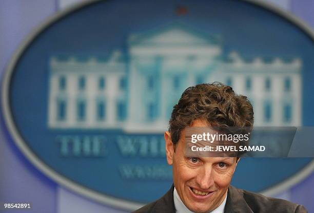 Treasury Secretary Timothy Geithner speaks during a press briefing following his meeting with US President Barack Obama and the bipartisan...