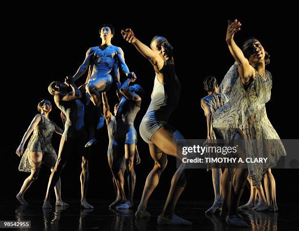 Dancers with Ailey II, the 2nd company of Alvin Ailey Dance Theater, perform a scene from "Echoes" during a dress rehearsal before opening night at...