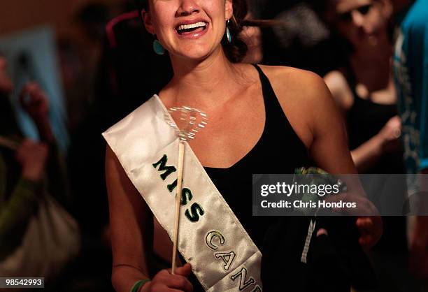 Blakely Stein of Telluride, Colorado smiles after she is crowned "Miss Cannabis" at the Cannabis Crown 2010 expo April 18, 2010 in Aspen, Colorado....