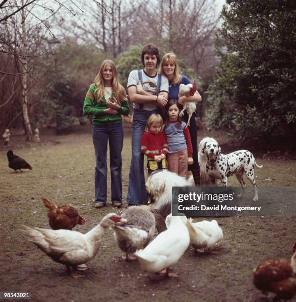 Paul McCartney and his wife Linda with their daughters Heather, Stella and Mary in the back garden of their house in Cavendish Avenue, London, 4th...