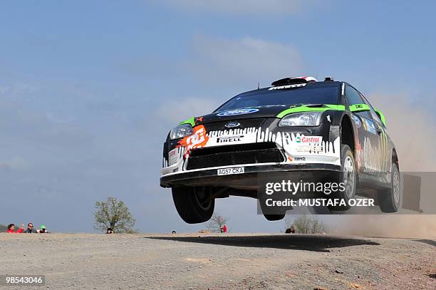 Ken Block and Alex Gelsomino compete in their Monster World Rally Team Ford Focus during the first leg of the WRC Rally of Turkey on April 17,...