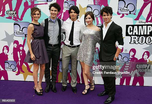 Alyson Stoner, Kevin Jonas, Joe Jonas, Demi Lovato and Nick Jones attend the European premiere of Camp Rock at The Royal Festival Hall on September...