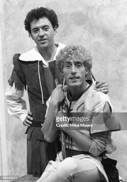 Actor Michael Kitchen and singer Roger Daltrey in costume for a BBC production of Shakespeare's 'A Comedy of Errors', 9th December 1983.