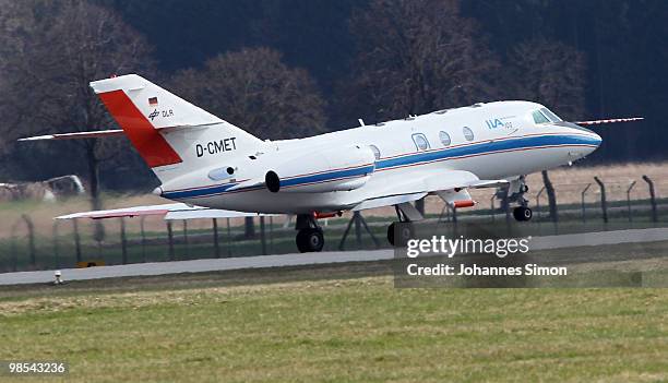 Test airplane starts to measure ash in airspace on April 19, 2010 in Oberpfaffenhofen, Germany. Scientists from the German Aerospace Center DLR have...