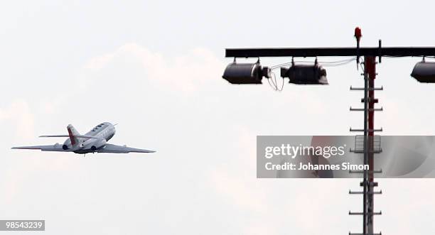 Test airplane is seen after starting to measure ash in airspace on April 19, 2010 in Oberpfaffenhofen, Germany. Scientists from the German Aerospace...