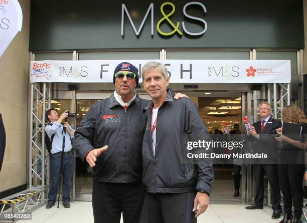 Ian Botham and Stuart Rose attend a photocall at end of Ian Botham's Beefy's Great Forget-Me-Not walk in aid of Leukaemia Research on April 19, 2010...