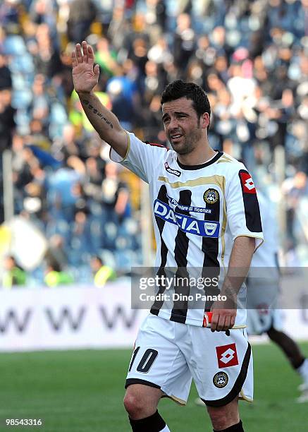 Antonio Di Natale of Udinese celebrates after scoring his team's first goal during the Serie A match between Udinese Calcio and Bologna FC at Stadio...