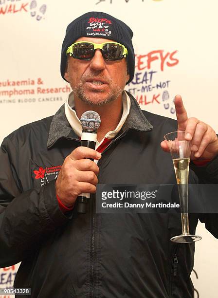 Ian Botham attends a photocall at end of Ian Botham's Beefy's Great Forget-Me-Not walk in aid of Leukaemia Research on April 19, 2010 in London,...