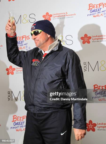 Ian Botham attends a photocall at end of Ian Botham's Beefy's Great Forget-Me-Not walk in aid of Leukaemia Research on April 19, 2010 in London,...