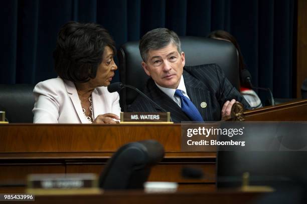 Representative Maxine Waters, a Democrat from California and ranking member of the House Financial Services Committee, left, speaks with...