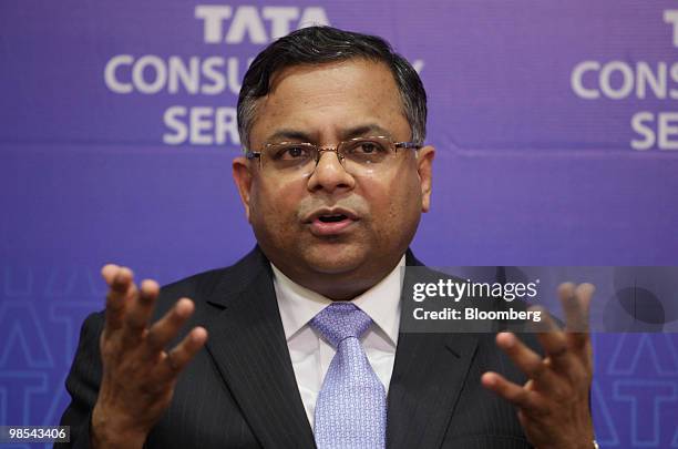 Natarajan Chandrasekaran, chief executive officer of Tata Consultancy Services Ltd., gestures during a news conference in Mumbai, India, on Monday,...