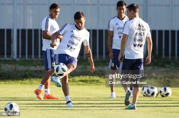 Paulo Dybala of Argentina kicks the ball during a training session at Stadium of Syroyezhkin sports school on June 27, 2018 in Bronnitsy, Russia.