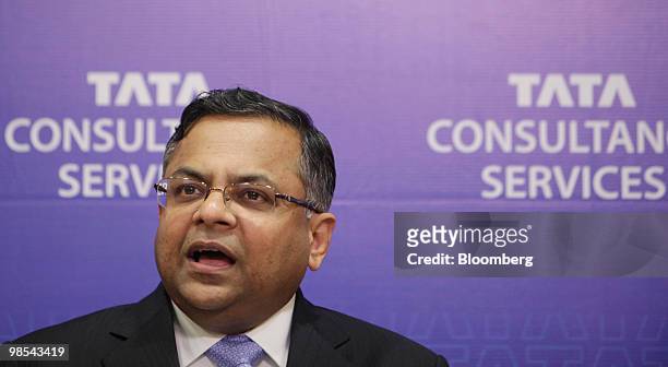 Natarajan Chandrasekaran, chief executive officer of Tata Consultancy Services Ltd., speaks during a news conference in Mumbai, India, on Monday,...