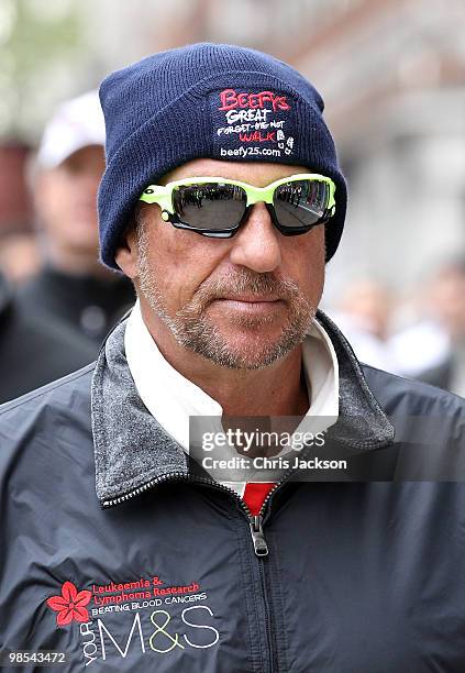 Sir Ian Botham arrives at the finish of 'Beefy's great forget-me-not walk' at M&S Marble Arch on April 19, 2010 in London, England. Ian Botham...