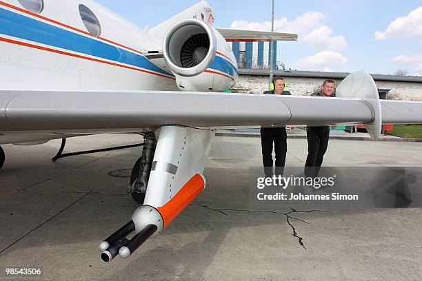 Measuring sensors are attached beneath the wing of a test airplane ready to take off to measure ash in airspace on April 19, 2010 in...