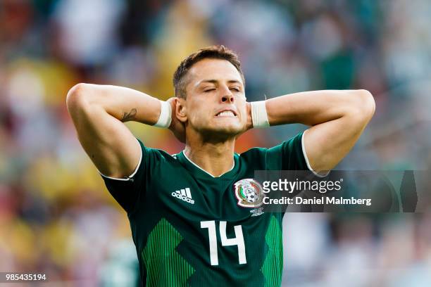 Javier Hernandez of Mexico looks dejected during the 2018 FIFA World Cup Russia group F match between Mexico and Sweden at Ekaterinburg Arena on June...