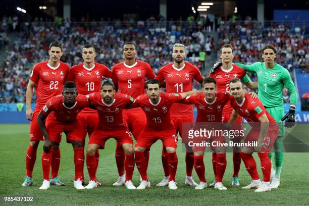 The Switzerland players pose for a team photo prior to the 2018 FIFA World Cup Russia group E match between Switzerland and Costa Rica at Nizhny...