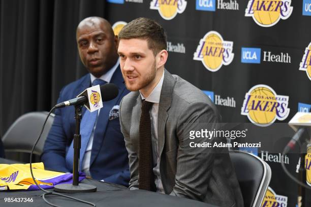 Sviatoslav Mykhailiuk of the Los Angeles Lakers speaks to the media during an introductory press conference at the UCLA Health Training Center on...