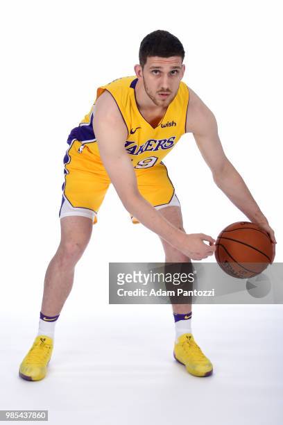 Sviatoslav Mykhailiuk of the Los Angeles Lakers poses for a portrait after an introductory press conference at the UCLA Health Training Center on...