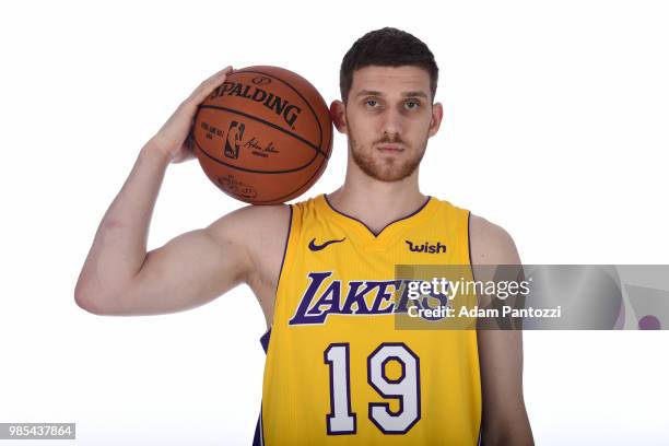 Sviatoslav Mykhailiuk of the Los Angeles Lakers poses for a portrait after an introductory press conference at the UCLA Health Training Center on...