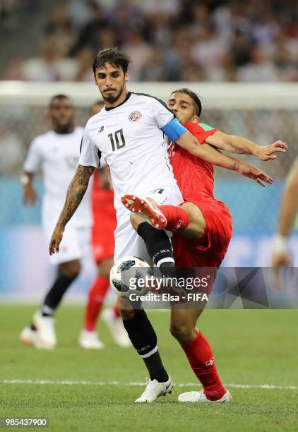 Bryan Ruiz of Costa Rica is challenged by Ricardo Rodriguez of Switzerland during the 2018 FIFA World Cup Russia group E match between Switzerland...