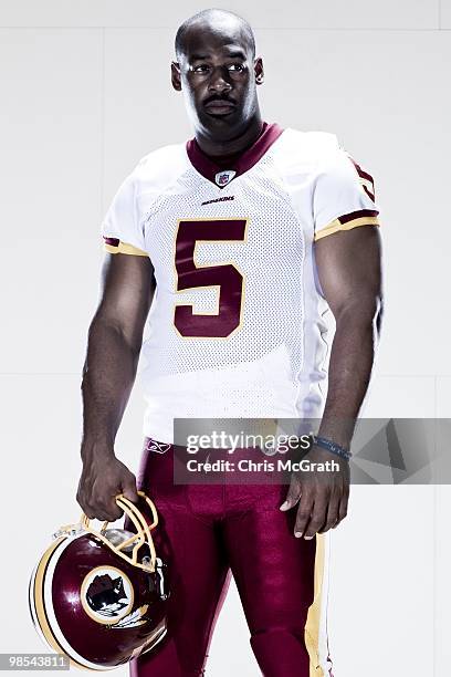 Washington Redskins Donovan McNabb poses for portraits at the Washington Redskins training facility on April 15, 2010 in Ashburn, Virginia