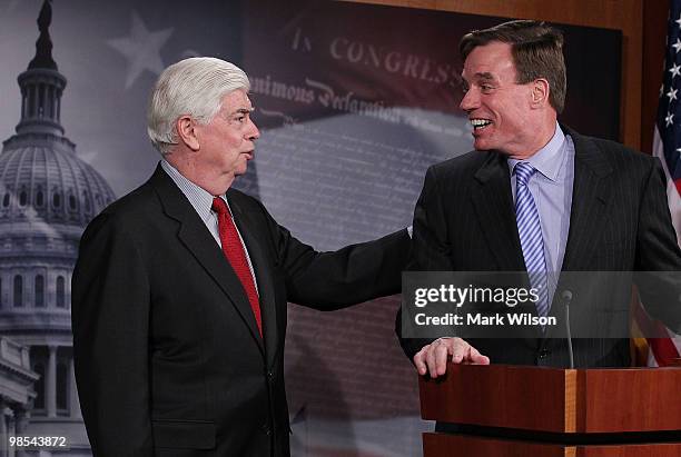 Sen. Christopher Dodd and Sen. Mark Warner participate in a news conference on April 19, 2010 in Washington, DC. Senate Banking Chairman Dodd spoke...