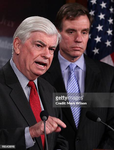 Sen. Christopher Dodd and Sen. Mark Warner participate in a news conference on April 19, 2010 in Washington, DC. Senate Banking Chairman Dodd spoke...