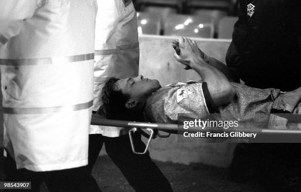 Jakob Kjeldbjerg of Chelsea is carried off with an injury during the FA Cup Fourth Round match between Millwall and Chelsea held on January 28, 1995...