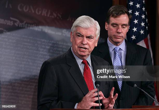 Sen. Christopher Dodd and Sen. Mark Warner participate in a news conference on April 19, 2010 in Washington, DC. Senate Banking Chairman Dodd spoke...