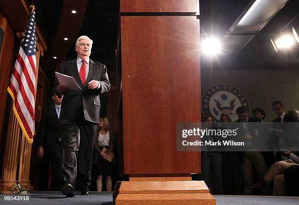 Sen. Christopher Dodd walks into a news conference at the Capitol on April 19, 2010 in Washington, DC. Senate Banking Chairman Dodd spoke about...