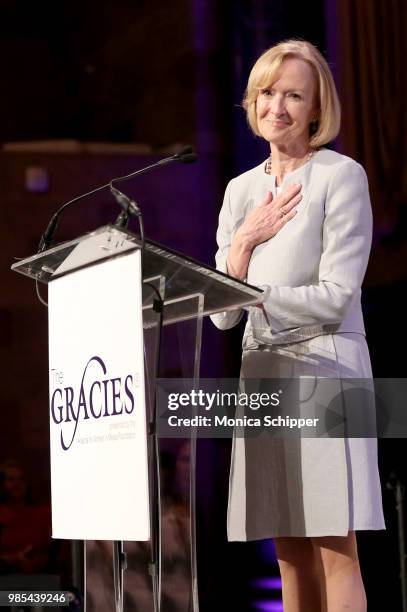 Judy Woodruff speaks onstage at The Gracies, presented by the Alliance for Women in Media Foundation at Cipriani 42nd Street on June 27, 2018 in New...