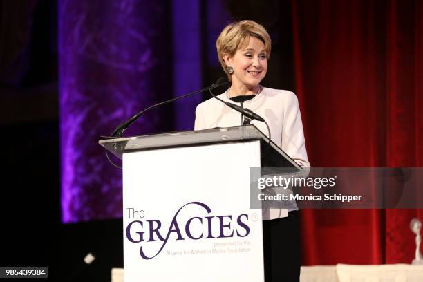 Jane Pauley speaks onstage at The Gracies, presented by the Alliance for Women in Media Foundation at Cipriani 42nd Street on June 27, 2018 in New...