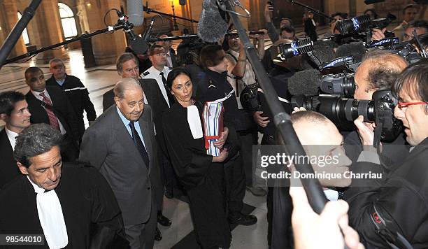 Former Minister of Interior Charles Pasqua arrives at the courthouse in Paris for the opening of his trial on April 19, 2010 in Paris, France. Former...