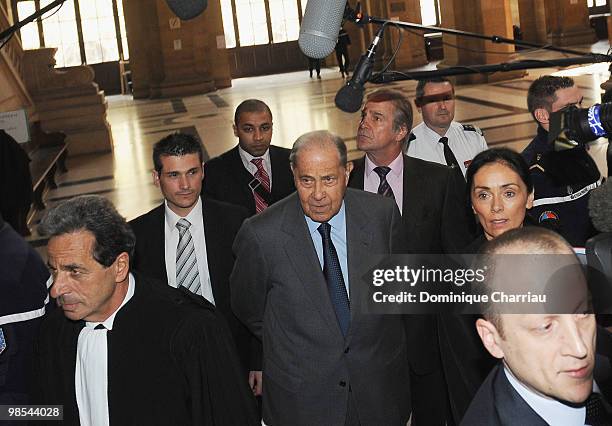 Former Minister of Interior Charles Pasqua arrives at the courthouse in Paris for the opening of his trial on April 19, 2010 in Paris, France. Former...