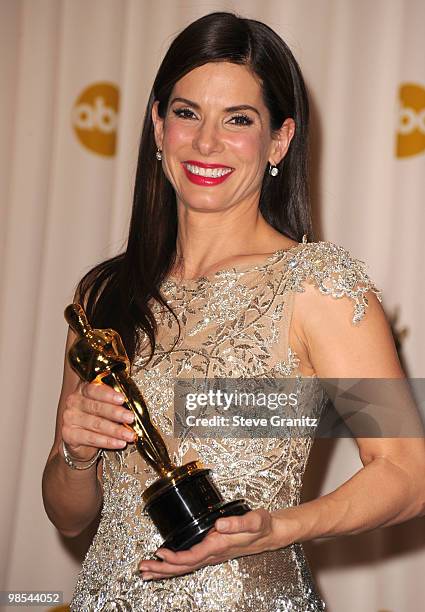 Actress Sandra Bullock poses in the press room at the 82nd Annual Academy Awards held at the Kodak Theatre on March 7, 2010 in Hollywood, California....