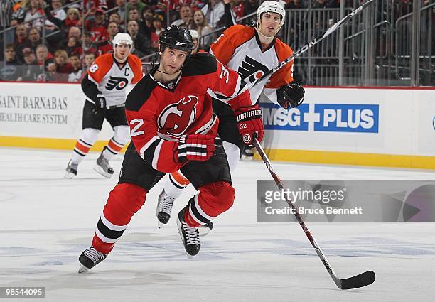 Matt Corrente of the New Jersey Devils skates against the Philadelphia Flyers in Game Two of the Eastern Conference Quarterfinals during the 2010 NHL...