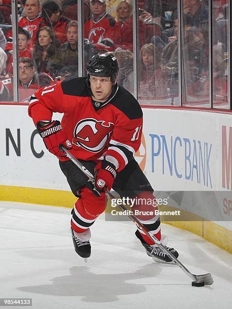 Dean McAmmond of the New Jersey Devils skates against the Philadelphia Flyers in Game Two of the Eastern Conference Quarterfinals during the 2010 NHL...