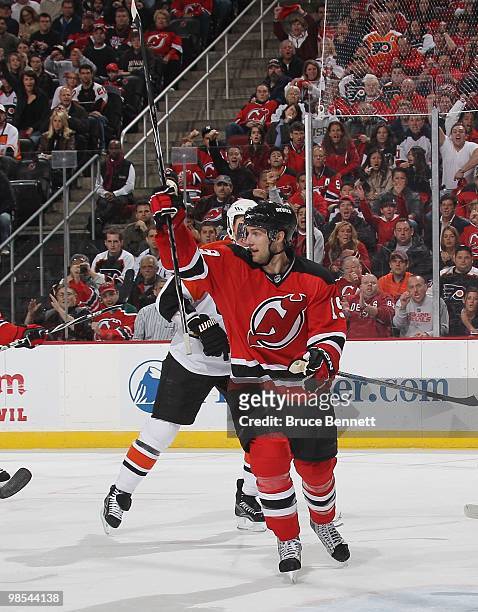 Travis Zajac of the New Jersey Devils celebrates a goal against the Philadelphia Flyers in Game Two of the Eastern Conference Quarterfinals during...