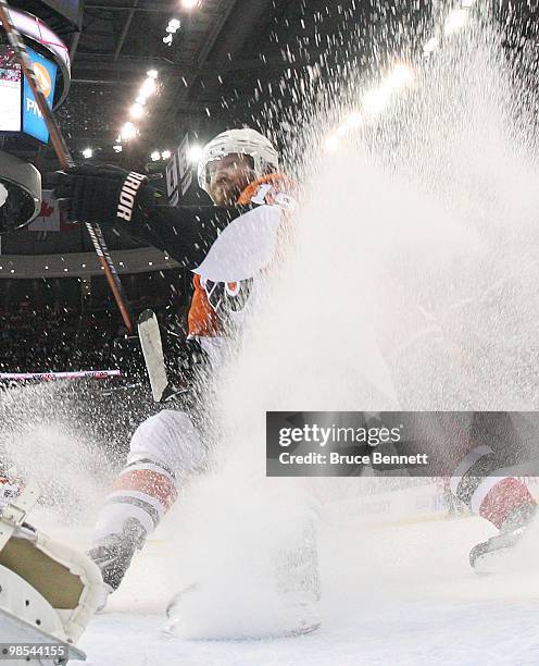 Scott Hartnell of the Philadelphia Flyers stops in the crease in his game against the New Jersey Devils in Game Two of the Eastern Conference...