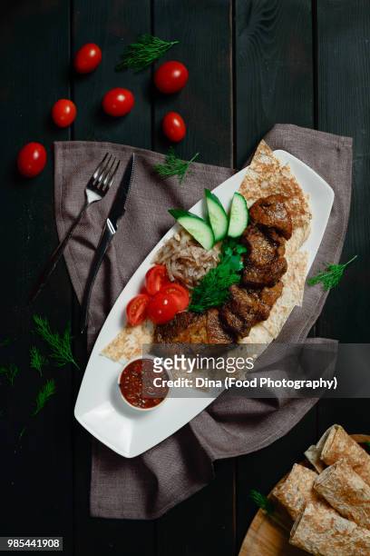 grilled meat with lavash - lavash stock pictures, royalty-free photos & images