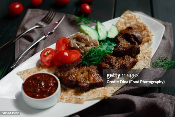 grilled meat with lavash - lavash stockfoto's en -beelden