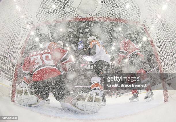 The Philadelphia Flyers and the New Jersey Devils batttle in Game Two of the Eastern Conference Quarterfinals during the 2010 NHL Stanley Cup...