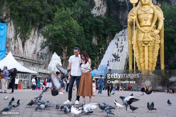 feeding birds at the batu caves - batu caves stock pictures, royalty-free photos & images