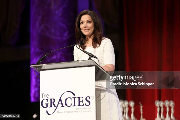 Erica Hill speaks onstage at The Gracies, presented by the Alliance for Women in Media Foundation at Cipriani 42nd Street on June 27, 2018 in New...