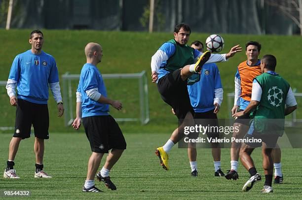 Dejan Stankovic of FC Internazionale kicks during a training session ahead of their UEFA champions league semi-final, leg 1 match against Barcelona...