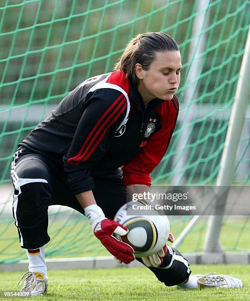 Nadine Angerer reacts during a training session at the Philippe Mueller stadium on April 19, 2010 in Dresden, Germany.