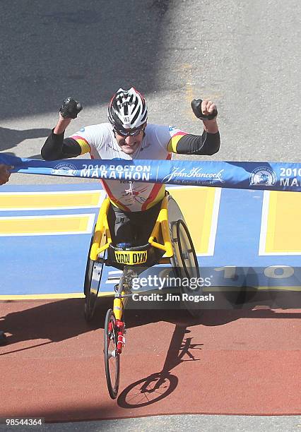 Ernst Van Dyk crosses the finish line to win the mens wheelchair division of the 114th Boston Marathon on April 19, 2010 in Boston, Massachusetts.