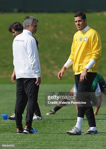Internazionale head coach Jose Mourinho and Julio Cesar during a training session ahead of their UEFA champions league semi-final, leg 1 match...